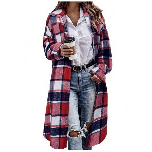jtjvou Women Fall Flannel Plaid Shacket Jacket Oversized Button Down Long Shirt Jacket Red XXL