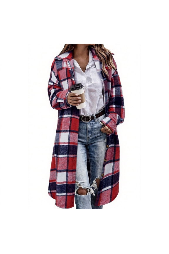 Women Fall Flannel Plaid Shacket Jacket Oversized Button Down Long Shirt Jacket Red XXL