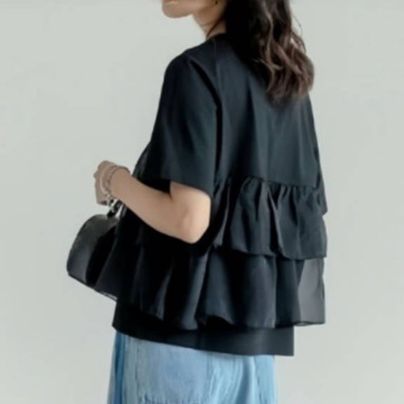 jtjvou Women Fashion Layered Tulle Patchwork Shirts, Summer Short Sleeve Pleated Flowy Blouse Solid Color Babydoll Casual Tops Black M