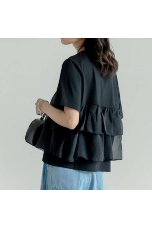 Women Fashion Layered Tulle Patchwork Shirts, Summer Short Sleeve Pleated Flowy Blouse Solid Color Babydoll Casual Tops Black M
