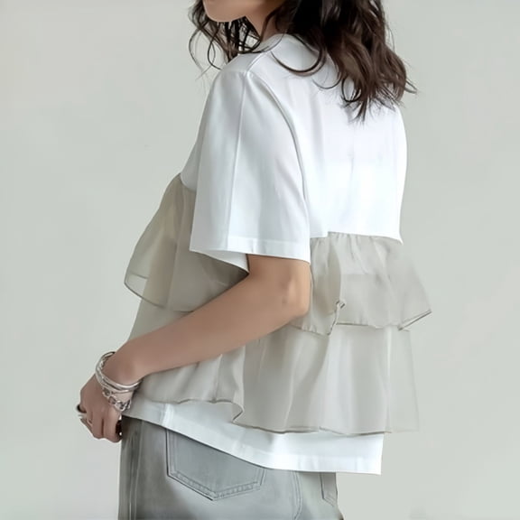 jtjvou Women Fashion Layered Tulle Patchwork Shirts, Summer Short Sleeve Pleated Flowy Blouse Solid Color Babydoll Casual Tops White XL