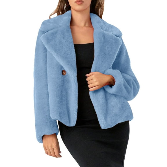 jtjvou Women Faux Fur Shaggy Cropped Coat Red Lapel Cardigan Shrug Winter Fluffy Coat for Party Dating Holiday Gatherings Blue L