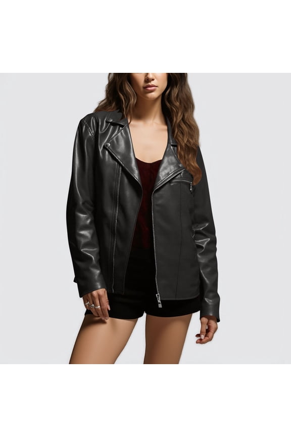 Women Faux Leather Motorcycle Jacket Zipper Coat Long Sleeve Elegant Design Windproof Warm Comfortable Daily Casual Fashion Outerwear Gray L