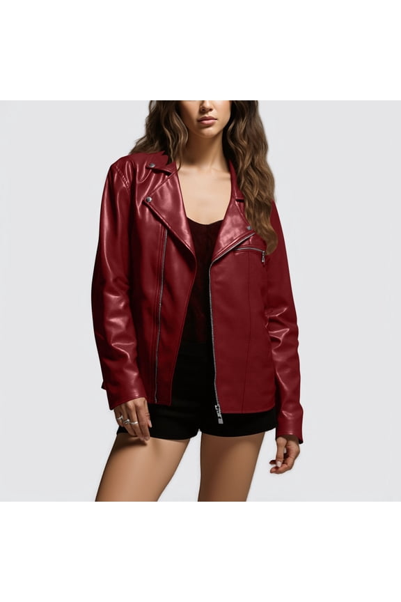 Women Faux Leather Motorcycle Jacket Zipper Coat Long Sleeve Elegant Design Windproof Warm Comfortable Daily Casual Fashion Outerwear Red XXXL