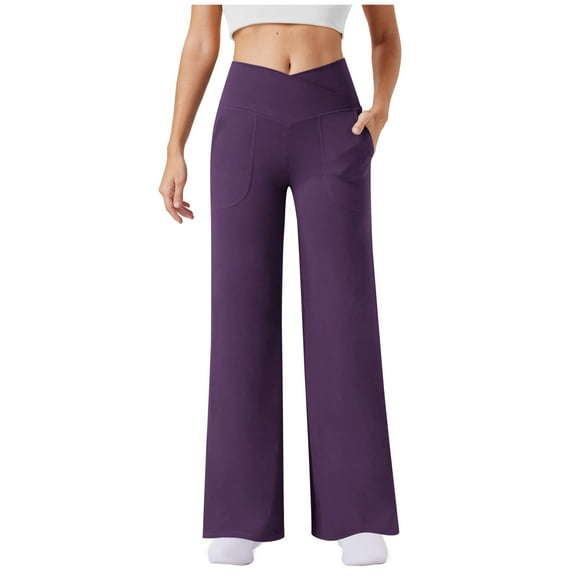 jtjvou Women Flare Leggings with Pockets High Waisted No See Through Flare Yoga Pants Casual Stretchy Dressy Work Trousers Purple S