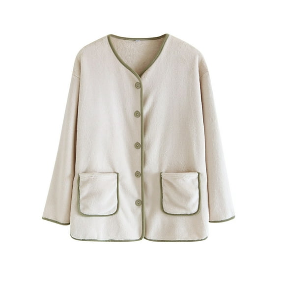 jtjvou Women Fluffy Pajama Tops Plush Button Down Sleepwear Fuzzy Fleece Jacket Long Sleeve Warm Winter Coat with Pocket Beige XL