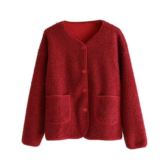 jtjvou Women Fuzzy Fleece Jacket Pajama Tops V-Neck Button Down Sleepwear Long Sleeve Plush Warm Winter Coat with Pockets Red M
