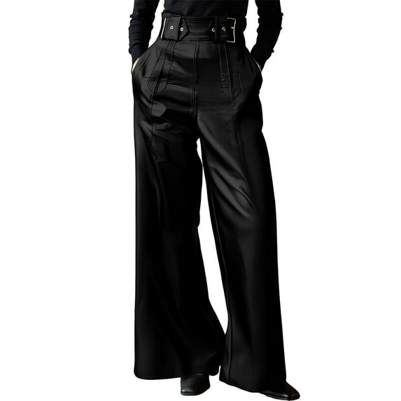 jtjvou Women High Waist PU Faux Leather Pants Baggy Wide Leg Flare Pants Casual Bell Bottoms Trouser Black XL