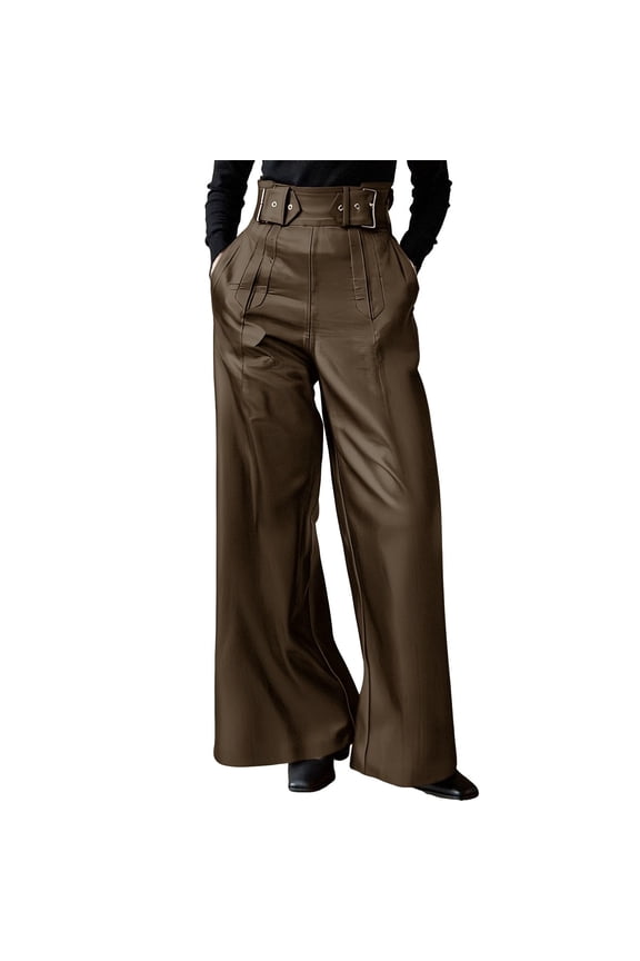 Women High Waist PU Faux Leather Pants Baggy Wide Leg Flare Pants Casual Bell Bottoms Trouser Brown XL