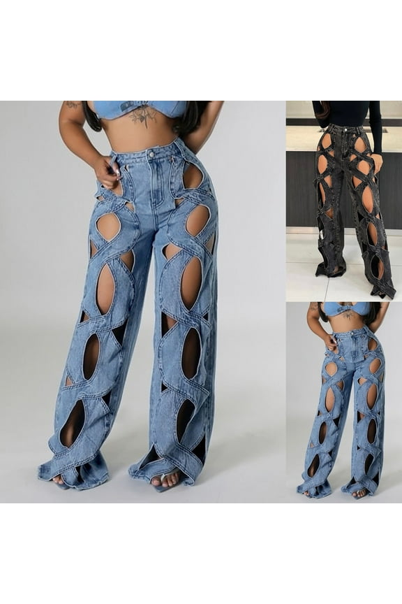 Women Hollow Out Baggy Jeans Y2k High Waisted Straight Leg Criss Cross Denim Pants Black L