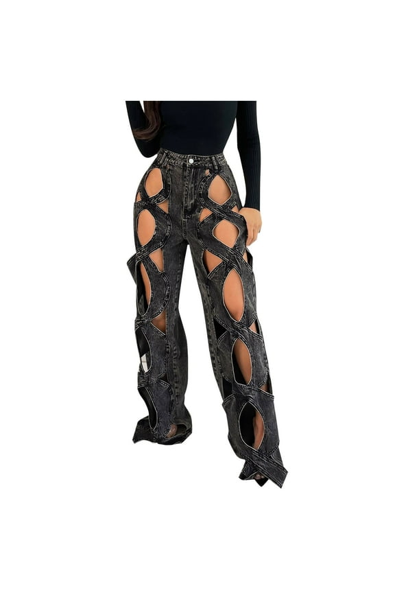 Women Hollow Out Baggy Jeans Y2k High Waisted Straight Leg Criss Cross Denim Pants Black XXL