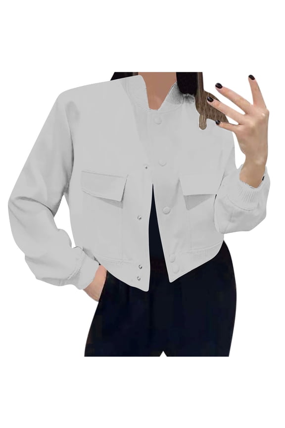 Women Jacket Casual Long Sleeve Button Down Varsity Jackets with Pockets Gray XXL