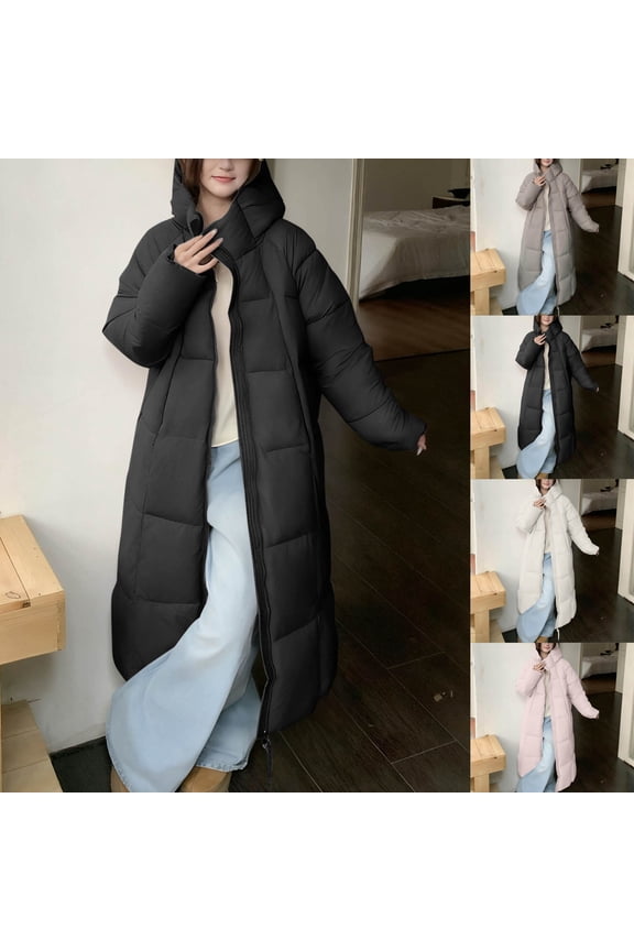 Women Long Puffer Coat Warm Winter Quilted Jacket Fashion Ladies Thicken Full Zip Down Coats Removable Faux Fur Hood Parka Black L