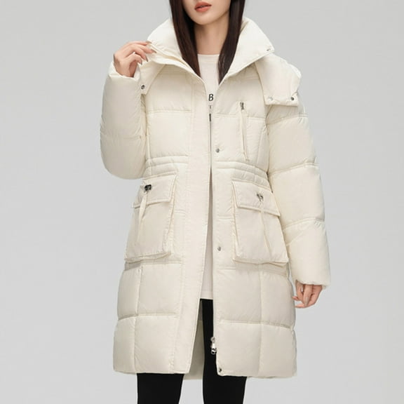 jtjvou Women Long Puffer Coat Winter Warm Hooded Jacket Long Full Length down Jacket with Pockets Beige M