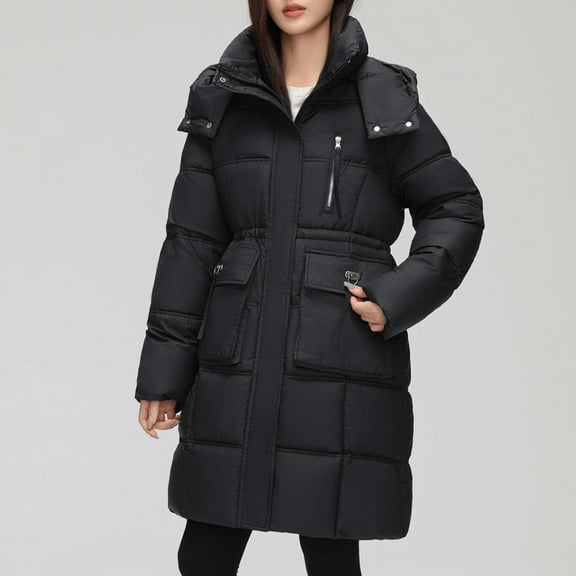 jtjvou Women Long Puffer Coat Winter Warm Hooded Jacket Long Full Length down Jacket with Pockets Black M
