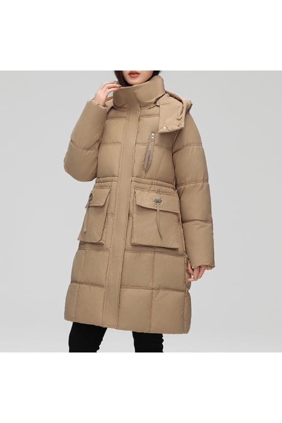 Women Long Puffer Coat Winter Warm Hooded Jacket Long Full Length down Jacket with Pockets Yellow L
