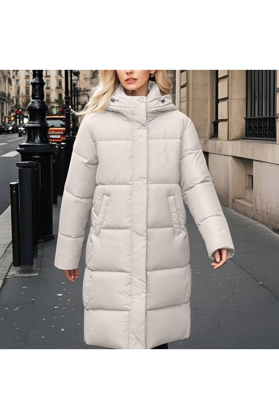 Women Long Puffer Coat Winter Warm Hooded Jacket Long Sleeve Parka Full Length Down Coats With Zip Beige L
