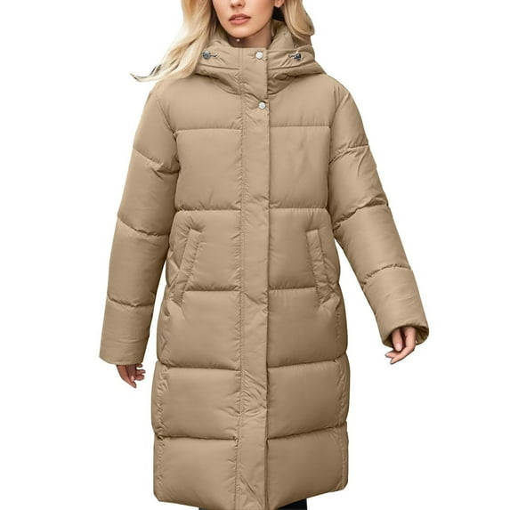 jtjvou Women Long Puffer Coat Winter Warm Hooded Jacket Long Sleeve Parka Full Length Down Coats With Zip Yellow L