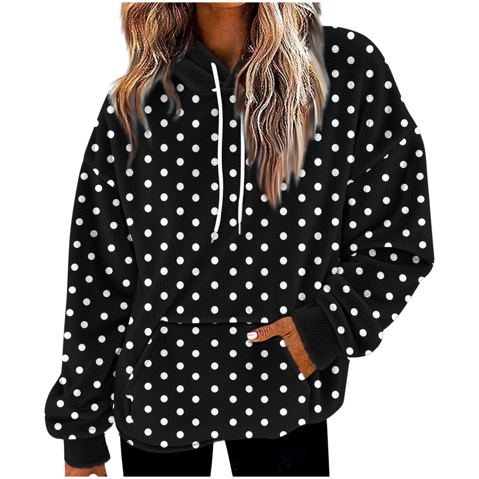 jtjvou Women Polka Dot Hoodie Oversized Fleece Hooded Sweatshirt
