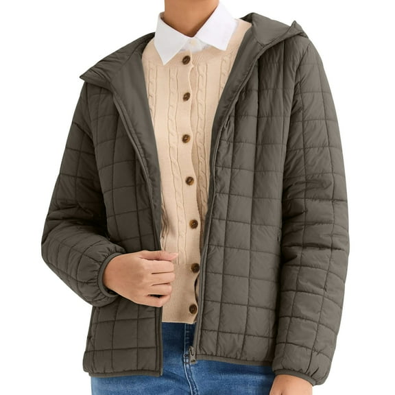 jtjvou Women Puffer Jacket Long Sleeve Quilted Jacket Solid Color Lightweight Padded Coat Fashion Trendy Dressy Outfits Brown M
