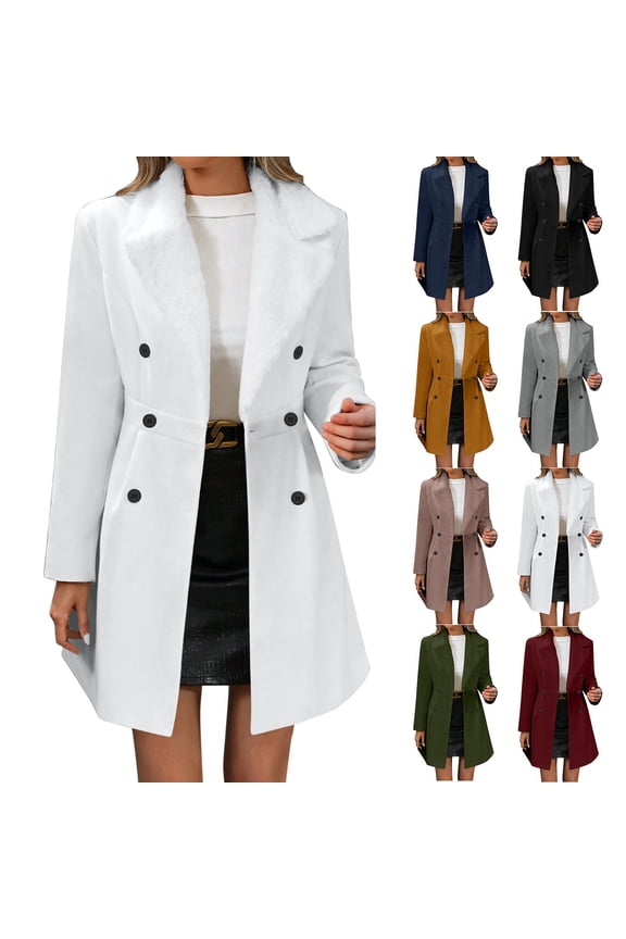 Women'S 2025 Winter Wool Coat Overcoat Lapel Neck Double Breasted Slant Pocket Long Sleeve Fashion Warm Overcoat Black L