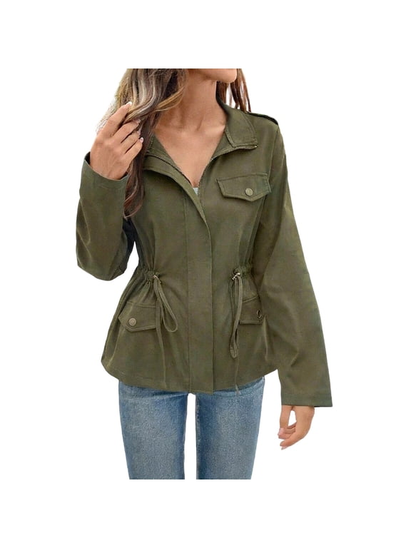 Women'S Military Jacket Lightweight Zip Up Snap Buttons Utility Cargo Jacket With Pockets Casual Cotton Coat Outwear Green XL