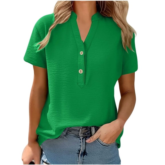 jtjvou Women Short Sleeve Henley Top V Neck Dressy Business Casual Work Blouses Summer Shirts 2026 Vacation Fashion Clothes Green XL