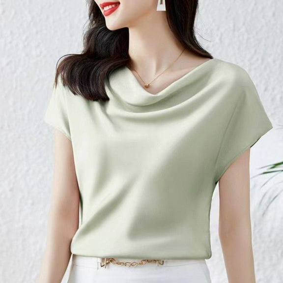 jtjvou Women Short Sleeve Satin Shirt Summer Elegant Blouse Green XXL