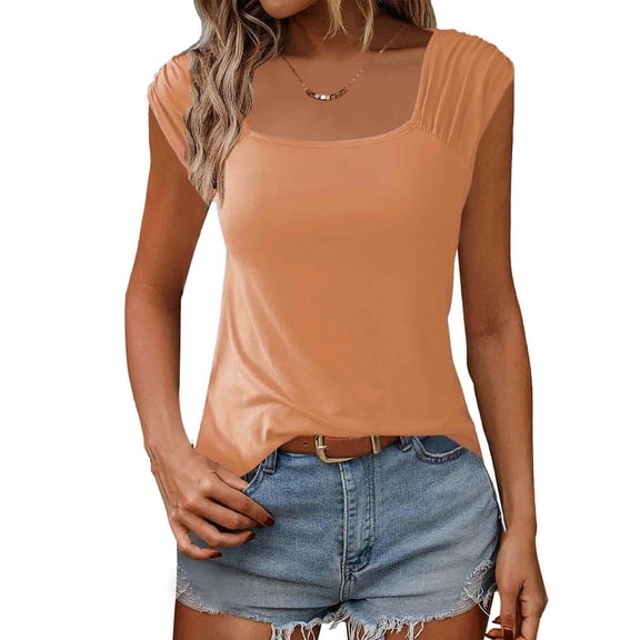 jtjvou Women Summer Tops Cute Square Neck Tank Tops Loose Dressy Casual Shirts Cap Sleeve Tunic Tops Orange S