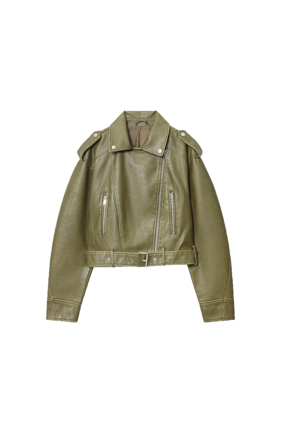 Women Vintage Faux Leather Jacket Short Vintage Moto Coat With Belt Casual Loose Zipper Streetwear Green M