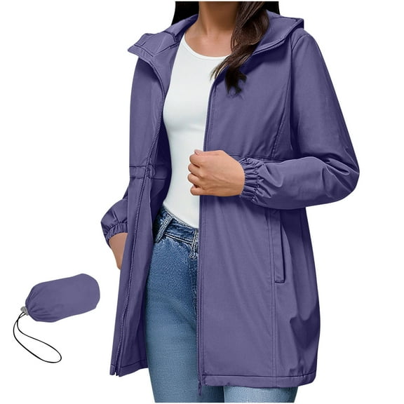 jtjvou Women Waterproof Outdoor Raincoat Long Sleeve Hiking Lightweight Hooded Jacket Windbreaker Outerwear with Pockets Purple L