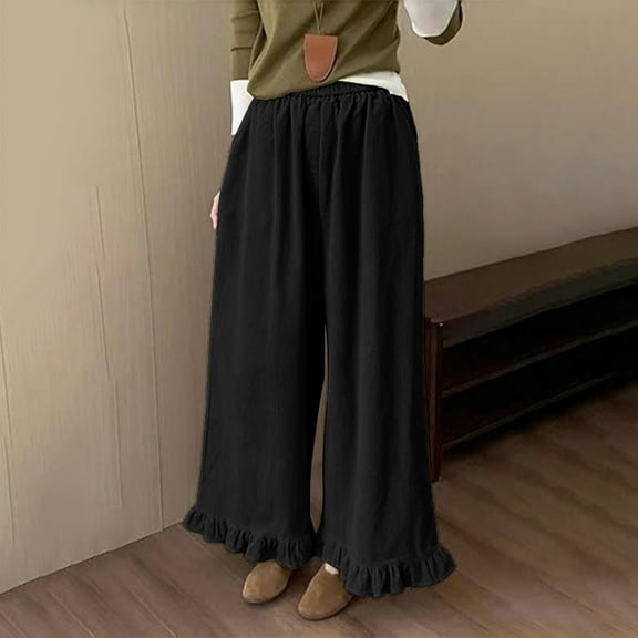 jtjvou Women Wide Leg Corduroy Pants High-Waist Loose Fit Ruffle Design Soft Fabric Casual Fashion Essentials for Fall Winter Everyday Wear Black L