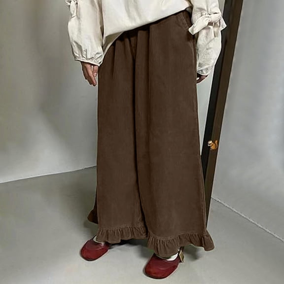 jtjvou Women Wide Leg Corduroy Pants High-Waist Loose Fit Ruffle Design Soft Fabric Casual Fashion Essentials for Fall Winter Everyday Wear Brown M