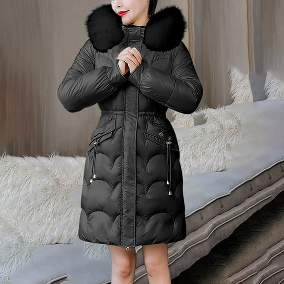 jtjvou Women Winter Jacket Parkas Glossy Down Cotton Jacket Hooded Parka Cotton Padded Jacket Outwear Black L