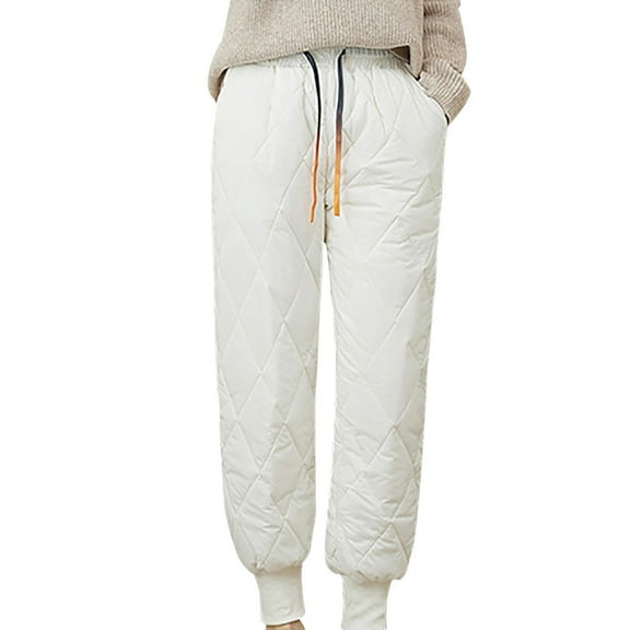jtjvou Women Winter Warm Packable Down Pant Elastic High Waist Quilted Bottom Sweatpants Lightweight Snow Ski Trousers White L