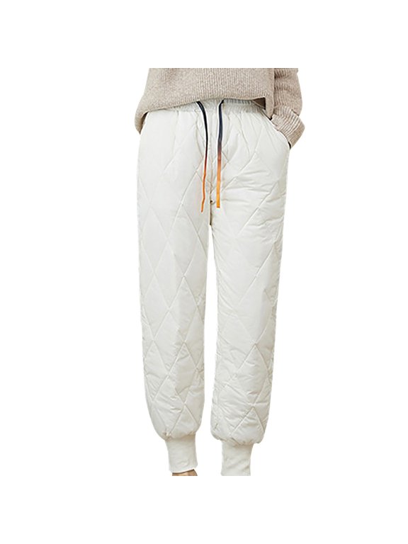 Women Winter Warm Packable Down Pant Elastic High Waist Quilted Bottom Sweatpants Lightweight Snow Ski Trousers White L