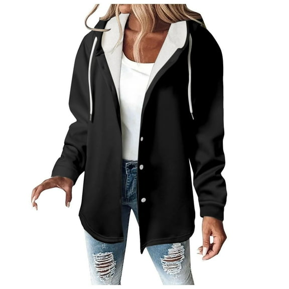jtjvou Women's 2025 Casual Drawstring Hooded Jackets Outwear Trendy Loose Long Sleeve Button Down Solid Color Jacket Coats Black S