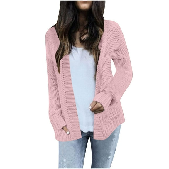 jtjvou Women's 2025 Long Sleeve Cable Knit Cardigan Sweaters Open Front Fall Outerwear Coat Pockets Pink L