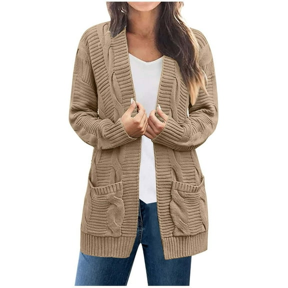 jtjvou Women's 2025 Long Sleeve Cable Knit Cardigan Sweaters Open Front Fall Outerwear Coat Pockets Yellow XXL