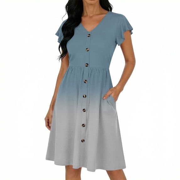 jtjvou Women's 2026 Summer Casual Swing Knee-Length Dress V-Neck Ruffle Sleeves Front Button Down with Side Pockets Light Blue S