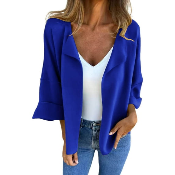jtjvou Women's 3/4 Sleeve Cropped Cardigan Casual Faux Suede Lapel Open Front Coats Loose Solid Color Cardigans for Women Trendy Blue M
