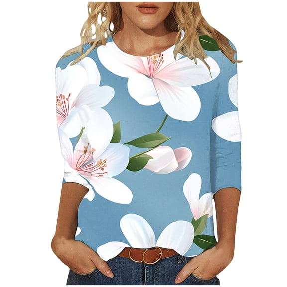 jtjvou Women's 3/4 Sleeve Shirts Round Neck Tuinc Trendy Fashion Casual Loose Summer Going out Tops for Teen Floral Tuinc Multicolor,L