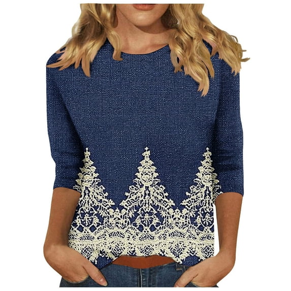 jtjvou Women's 3/4 Sleeve Tees Round Neck Tuinc Trendy Fashion Oversize Lady Going out Tops for Teen Summer Floral Print Shirts Navy,S