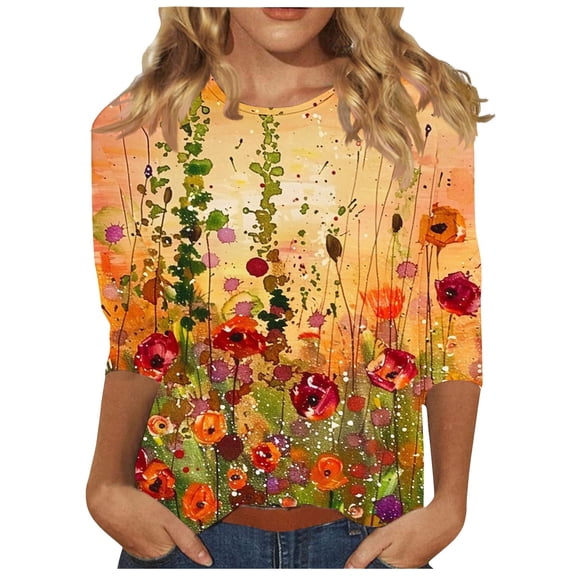 jtjvou Women's 3/4 Sleeve Tops Round Neck Tuinc Floral Blouse Going out Tops for Teen Summer Lady Trendy Fashion Oversize Multicolor,XL