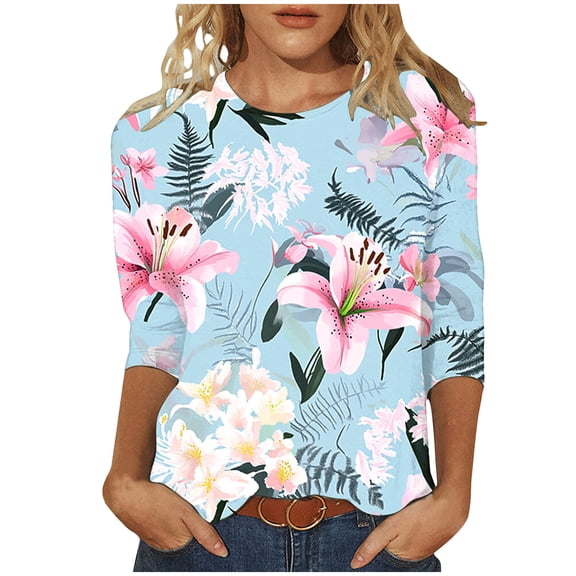 jtjvou Women's 3/4 Sleeve Tuinc Crewneck Tuinc Trendy Fashion Plus Size Floral Pullover Lady Summer Going out Tops for Teen Multicolor,M