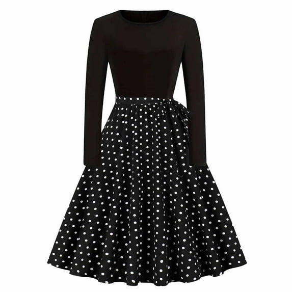 jtjvou Women's A Line Swing Dress 1940s Vintage Round Neck Work Dress Retro Rockabilly Cocktail Dress Long Sleeve Tea Dress for Women Black,L
