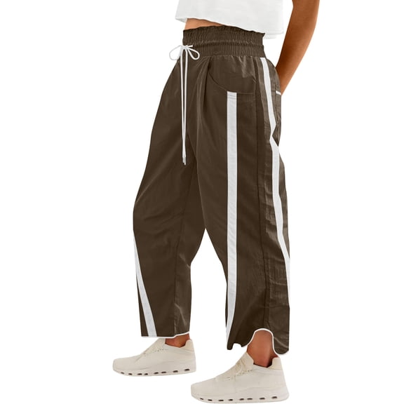 jtjvou Women's Baggy Wide Leg Pants Casual Drawstring Elastic Waisted Contrast Color Workout Y2K Track Pants Brown S