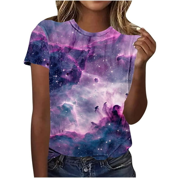 jtjvou Women's Basic T-Shirts Short Sleeve Blouse Crewneck Pullover Starry Sky Tees Lady Plus Size Going out Tops for Teen Summer Trendy Fashion Multicolor,L