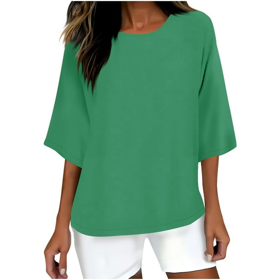 jtjvou Women's Summer 3/4 Sleeve Pullover Casual Loose Crewneck Tuinc Trendy Fashion Solid Color Tops Lady Going out Tops for Teen Green,S