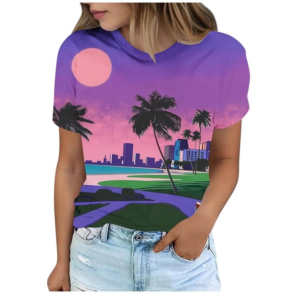 jtjvou Women's Going out Tops for Teen Sunset Print Tees Plus Size Round Neck Tuinc Short Sleeve Blouse Trendy Fashion Lady Summer Multicolor,L